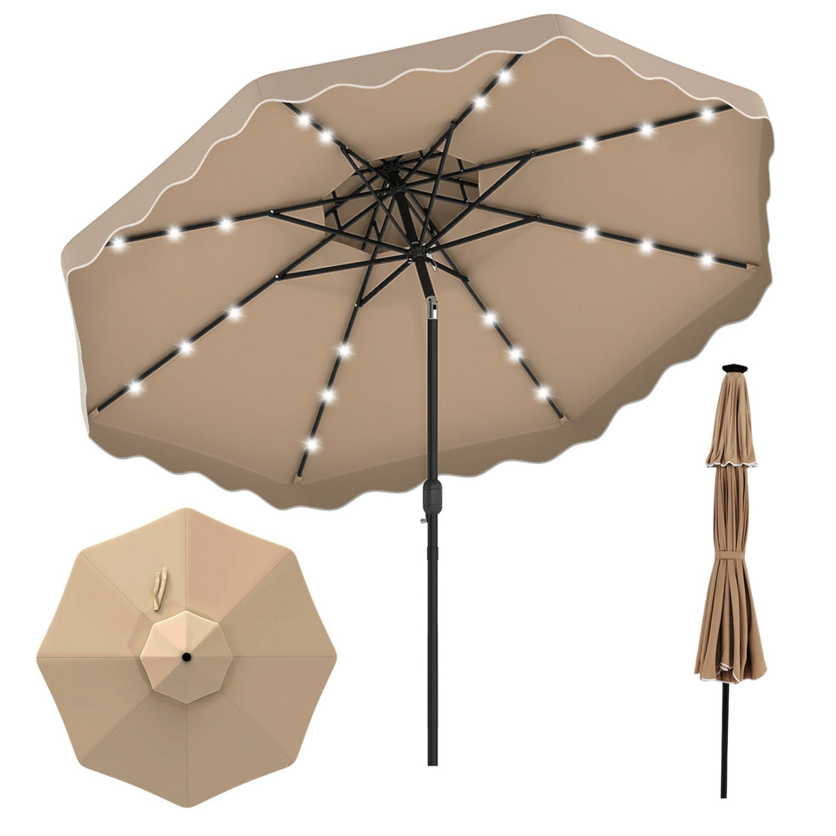10 FT Solar LED Patio Umbrella for Deck and Pool-Brown