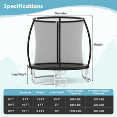 10FT Outdoor Trampoline Heavy-Duty Recreational Trampoline with Safety Enclosure Net-Black