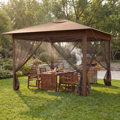 11.5 x 11.5 FT Pop-up Canopy Instant One-Person Setup with Mesh Screen Netting-Brown