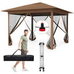 11.5 x 11.5 FT Pop-up Canopy Instant One-Person Setup with Mesh Screen Netting-Brown