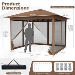 11.5 x 11.5 FT Pop-up Canopy Instant One-Person Setup with Mesh Screen Netting-Brown