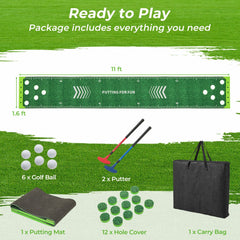 11 FT Putting Green Mat with 2 Adjustable Putters and 6 Balls