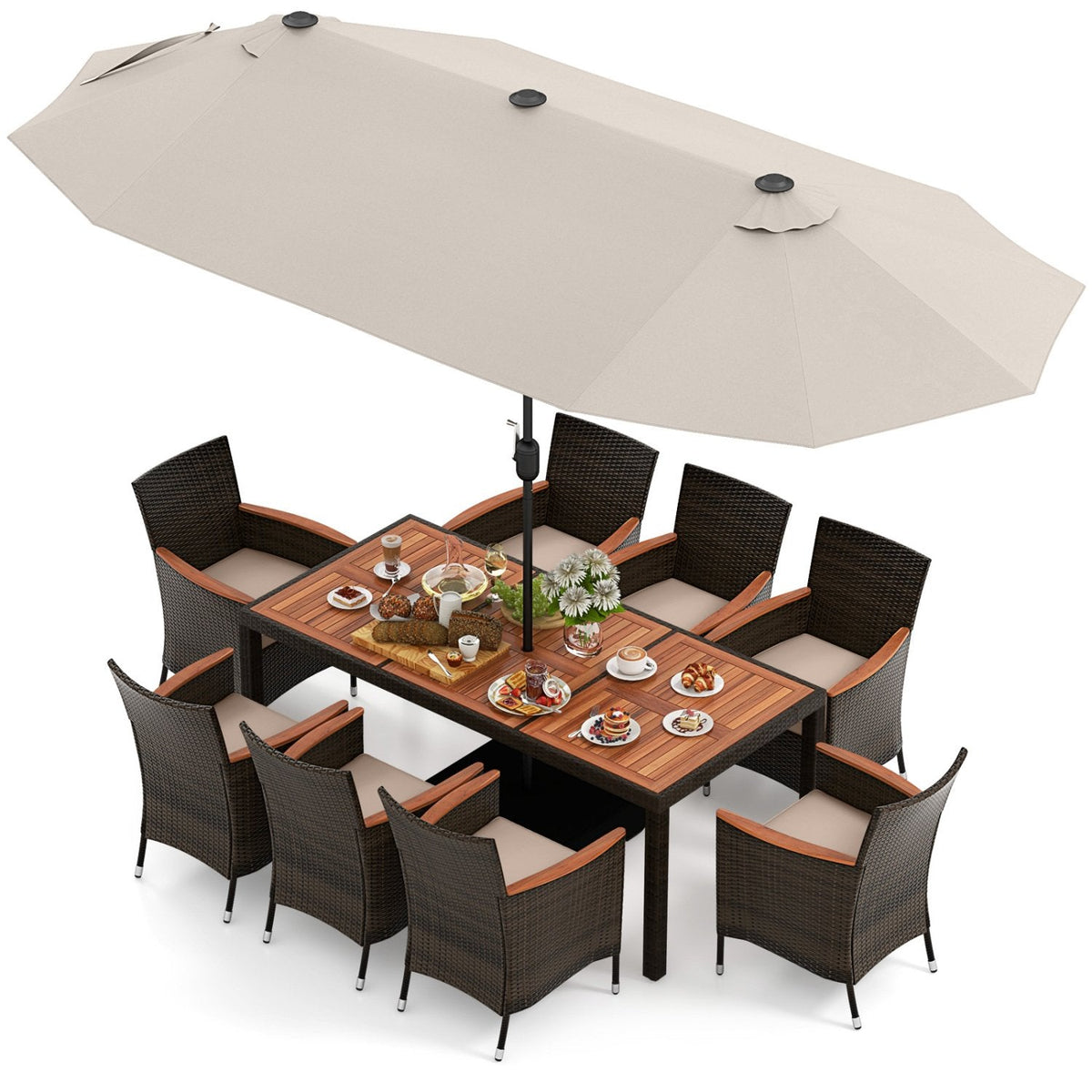 11 Piece Patio Dining Set with 15 FT Double-Sided Beige Umbrella and Base, 75 Inch Acacia Table and 8 Brown Rattan Armchairs