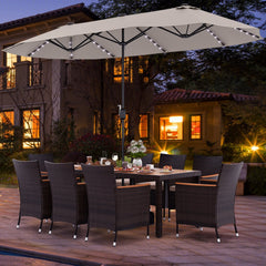 11 Piece Patio Dining Set with 15 FT Double-Sided Beige Umbrella and Base, 75 Inch Acacia Table and 8 Brown Rattan Armchairs