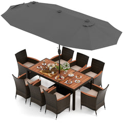 11 Piece Patio Dining Set with 15 FT Double-Sided Grey Umbrella and Base, 71 Inch Acacia Topped Table and 8 Rattan Armchairs