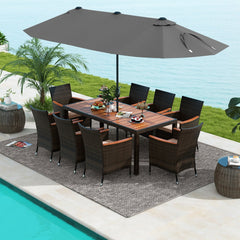 11 Piece Patio Dining Set with 15 FT Double-Sided Grey Umbrella and Base, 71 Inch Acacia Topped Table and 8 Rattan Armchairs
