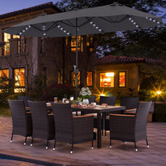 11 Piece Patio Dining Set with 15 FT Double-Sided Grey Umbrella and Base, 71 Inch Acacia Topped Table and 8 Rattan Armchairs