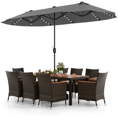 11 Piece Patio Dining Set with 15 FT Double-Sided Grey Umbrella and Base, 71 Inch Acacia Topped Table and 8 Rattan Armchairs