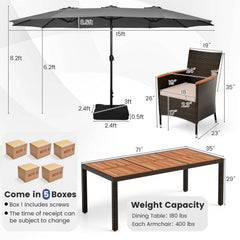11 Piece Patio Dining Set with 15 FT Double-Sided Grey Umbrella and Base, 71 Inch Acacia Topped Table and 8 Rattan Armchairs