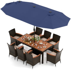 11 Piece Patio Dining Set with Lit 15 FT Double-Sided Navy Umbrella and Base, 75 Inch Acacia Table and 8 Rattan Armchairs