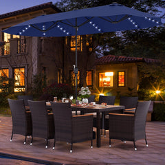 11 Piece Patio Dining Set with Lit 15 FT Double-Sided Navy Umbrella and Base, 75 Inch Acacia Table and 8 Rattan Armchairs
