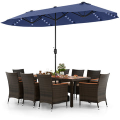 11 Piece Patio Dining Set with Lit 15 FT Double-Sided Navy Umbrella and Base, 75 Inch Acacia Table and 8 Rattan Armchairs