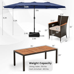 11 Piece Patio Dining Set with Lit 15 FT Double-Sided Navy Umbrella and Base, 75 Inch Acacia Table and 8 Rattan Armchairs