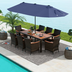 11 Piece Patio Dining Set with Lit 15 FT Double-Sided Navy Umbrella and Base, 75 Inch Acacia Table and 8 Rattan Armchairs