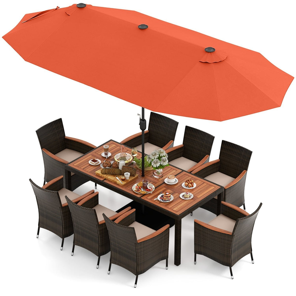 11 Piece Patio Dining Set with 15 FT Double-Sided Orange Umbrella and Base, 75 Inch Acacia Table and 8 Rattan Armchairs