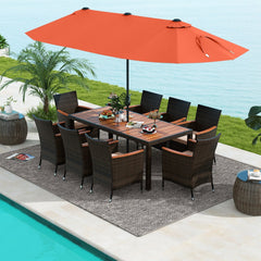 11 Piece Patio Dining Set with 15 FT Double-Sided Orange Umbrella and Base, 75 Inch Acacia Table and 8 Rattan Armchairs