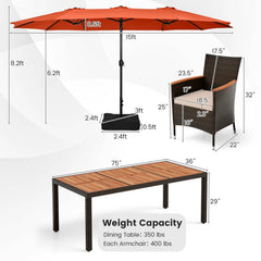 11 Piece Patio Dining Set with 15 FT Double-Sided Orange Umbrella and Base, 75 Inch Acacia Table and 8 Rattan Armchairs