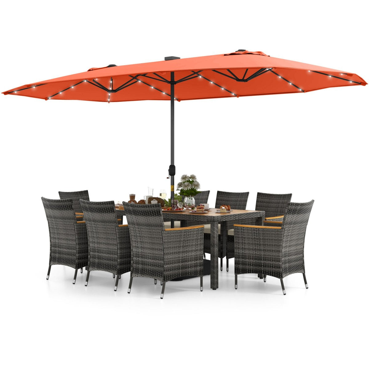 11 Piece Patio Dining Set with Lit 15 FT Double-Sided Orange Umbrella and Base, 75 Inch Acacia Table and 8 Grey Wicker Armchairs