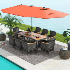 11 Piece Patio Dining Set with Lit 15 FT Double-Sided Orange Umbrella and Base, 75 Inch Acacia Table and 8 Grey Wicker Armchairs