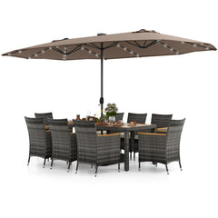 11 Piece Patio Dining Set with Lit 15 FT Double-Sided Tan Umbrella and Weighted Base, 75 Inch Acacia Table and 8 Armchairs