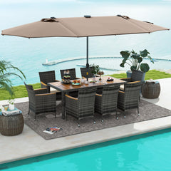 11 Piece Patio Dining Set with Lit 15 FT Double-Sided Tan Umbrella and Weighted Base, 75 Inch Acacia Table and 8 Armchairs