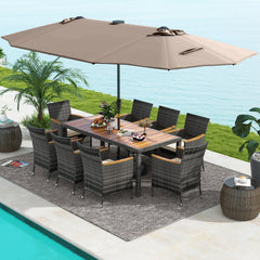 11 Piece Patio Dining Set with Lit 15 FT Double-Sided Tan Umbrella and Weighted Base, 75 Inch Acacia Table and 8 Armchairs