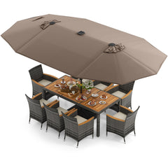 11 Piece Patio Dining Set with Lit 15 FT Double-Sided Tan Umbrella and Weighted Base, 75 Inch Acacia Table and 8 Armchairs