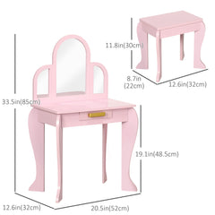 Kids Dressing Table and Chair Set, Girls Dressing Set, Makeup Desk with Drawer for 3-6 Years Old Kids, Pink