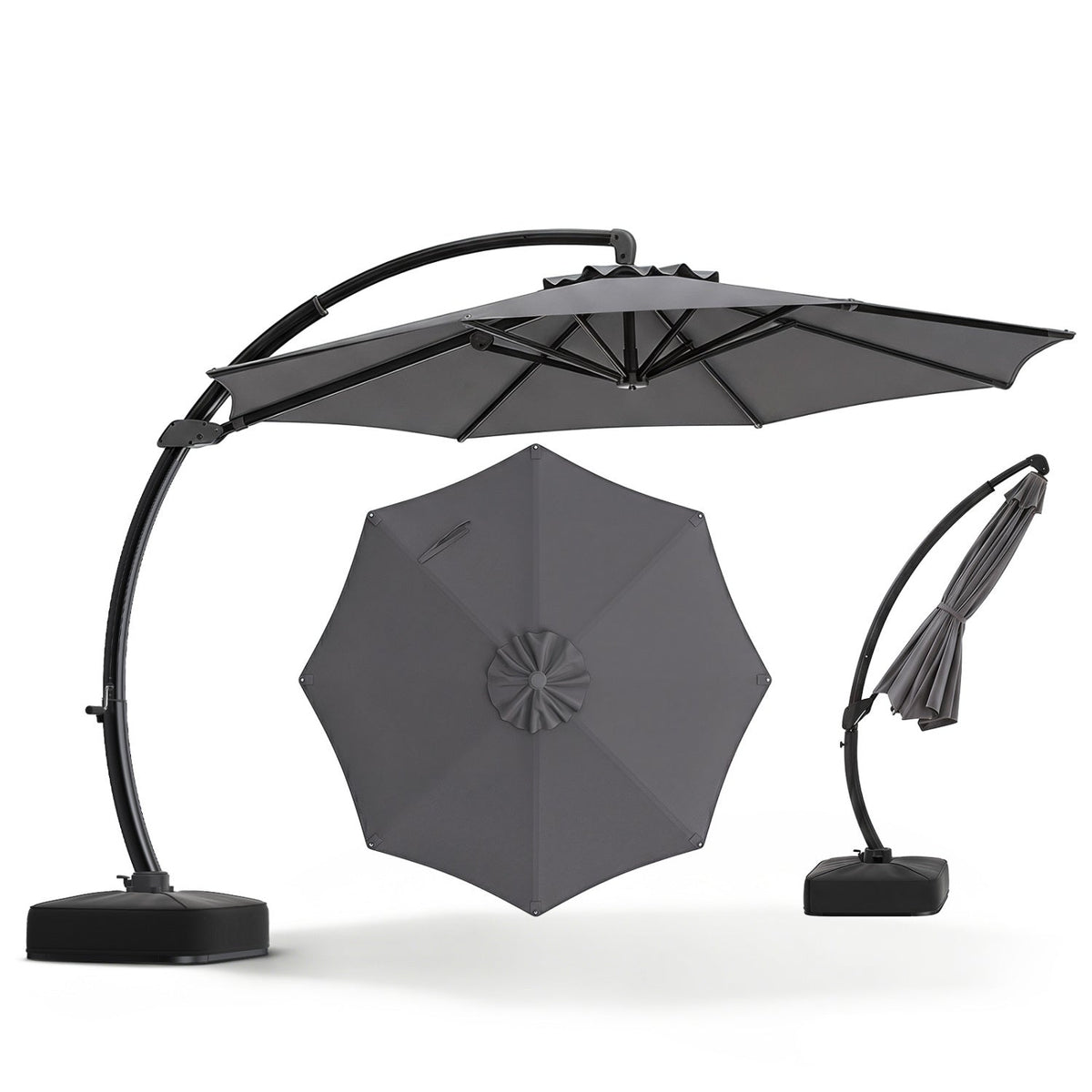 11 FT Cantilever Patio Umbrella with Base with 360° Rotation and Tilt Adjustment-Gray