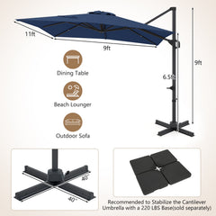 11 x 9 FT Cantilever Patio Umbrella with 360° Rotation and Easy Tilt Adjustment-Navy