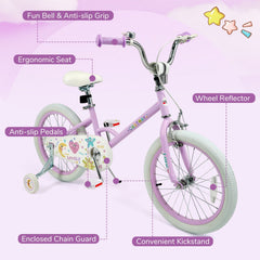18 Inch Kids Bike with Kickstand, Reflectors and Removable Training Wheels, Purple