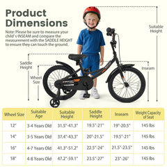18 Inch Kids Bike with Removable Training Wheels and Adjustable Seat, Black