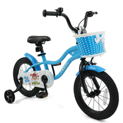 14 Inch Kids Bike with Training Wheels and Woven Basket, Blue