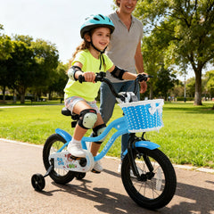 14 Inch Kids Bike with Training Wheels and Woven Basket, Blue