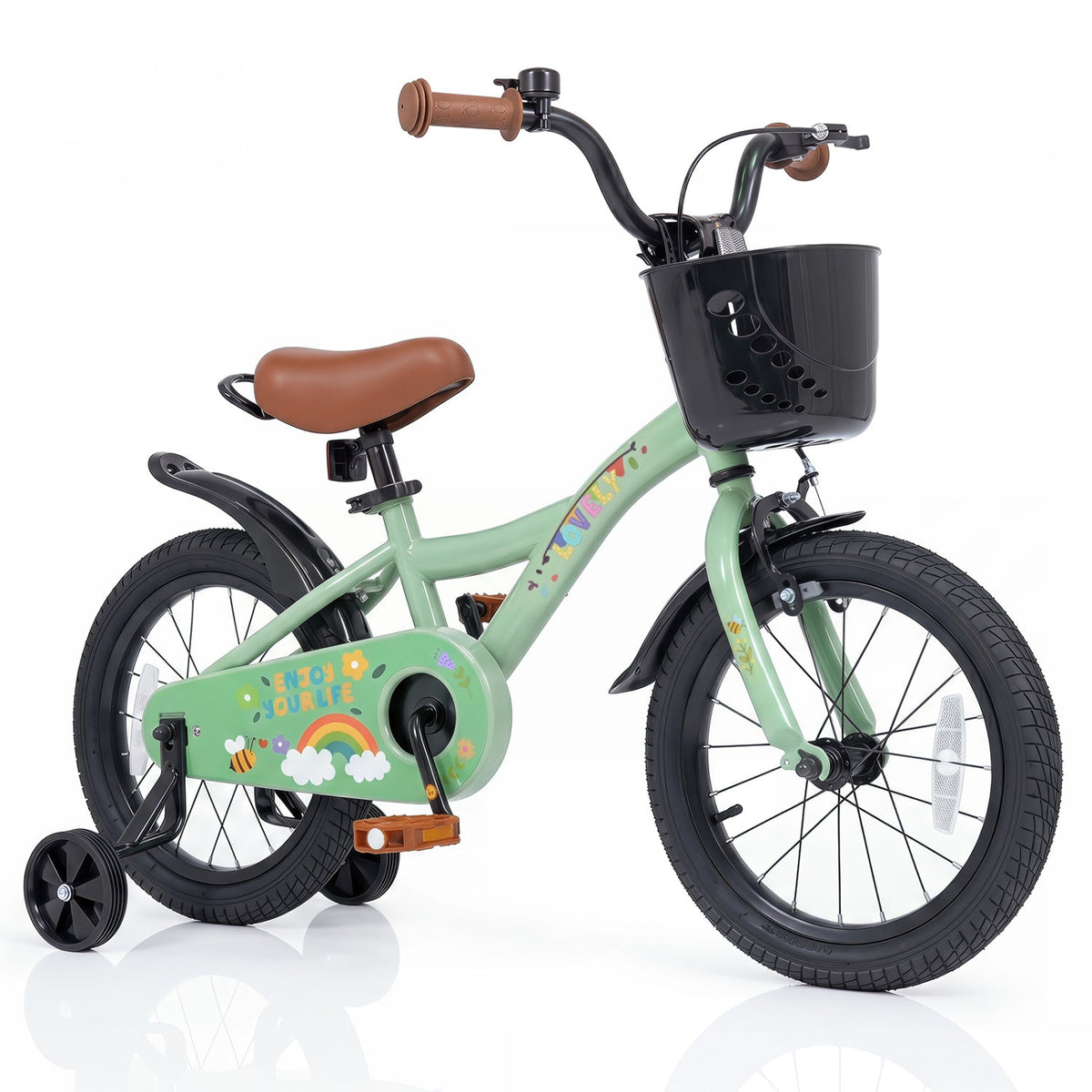 16 Inch Girls Bike with Basket, Bell and Training Wheels, Green