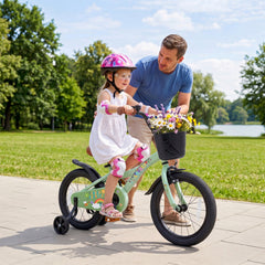 16 Inch Girls Bike with Basket, Bell and Training Wheels, Green