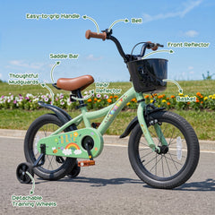 16 Inch Girls Bike with Basket, Bell and Training Wheels, Green