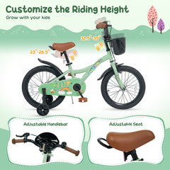 18 Inch Girls Bike with Basket, Kickstand and Training Wheels, Green
