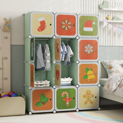 12 Cube Kids Wardrobe Closet with Hanging Section and Doors-Green