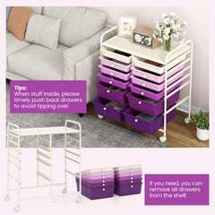 12-Drawer Rolling Storage Cart with Removable Drawers and Lockable Wheels-Purple