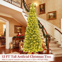12 FT Pre-Lit Hinged Artificial Christmas Tree with 2517 Mixed PVC and PE Branch Tips