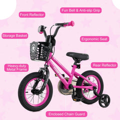 12 Inch Kids Bike with Front Basket and Training Wheels, Pink