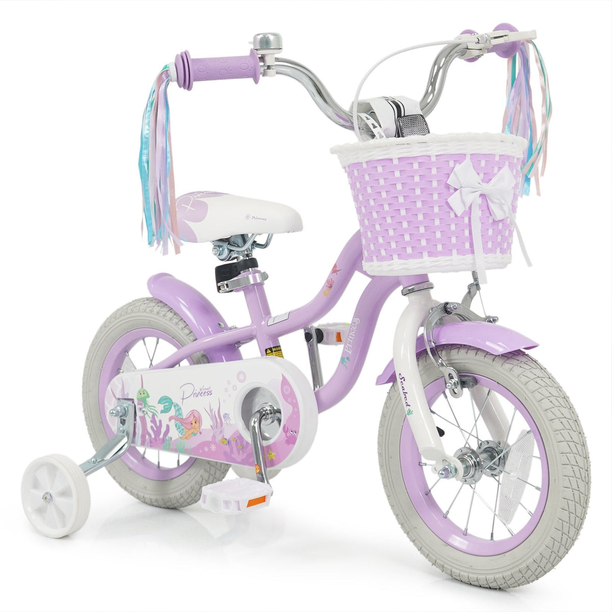 12 Inch Girls Bike with Basket, Ribbons and Mudguards, Mermaid Theme, Lilac