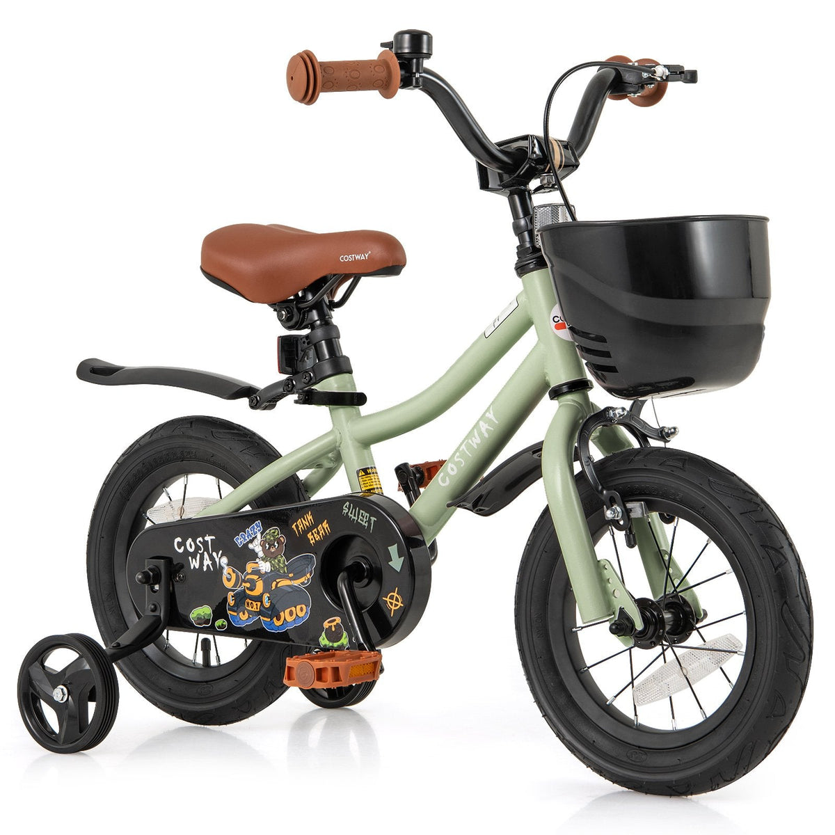 12 Inch Kids Bike with Basket, Bell and Detachable Training Wheels, Green