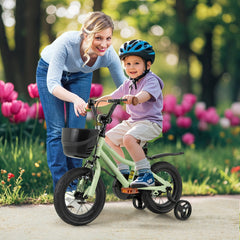 12 Inch Kids Bike with Basket, Bell and Detachable Training Wheels, Green