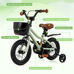12 Inch Kids Bike with Basket, Bell and Detachable Training Wheels, Green