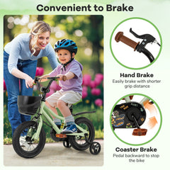 12 Inch Kids Bike with Basket, Bell and Detachable Training Wheels, Green