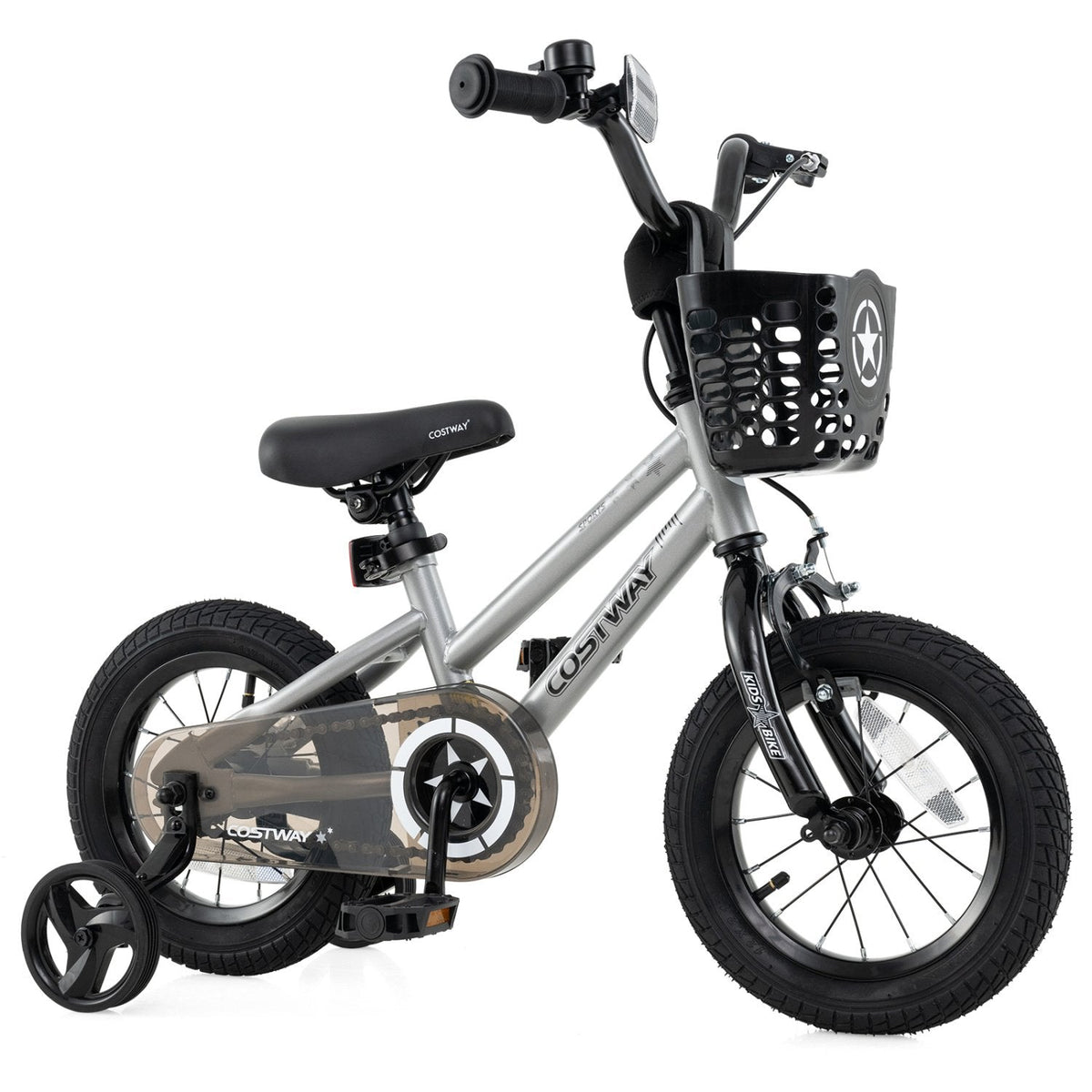 12 Inch Kids Bike with Basket, Bell and Detachable Training Wheels, Silver