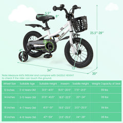 12 Inch Kids Bike with Training Wheels and Basket for Ages 3 to 4, White
