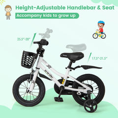 12 Inch Kids Bike with Training Wheels and Basket for Ages 3 to 4, White